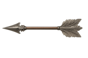Ornate metal arrow with copper shaft and detailed fletching, isolated on transparent background, perfect for historical or fantasy designs
