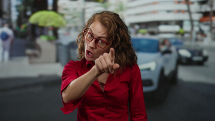Woman in red shirt pointing with expression in city street during the day, conveying intensity in...