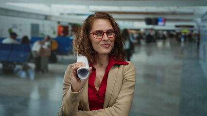 Woman smiling with red glasses holding document tube in busy airport terminal, featuring blurred...