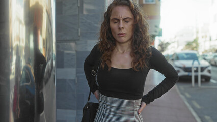 Woman outdoors on city street wincing with back pain with cars in background and holding her side...