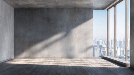 Modern concrete interior with empty copyspace, shadows, sunlight and window with city view. Mock up, 3D Rendering , no logos, no brands