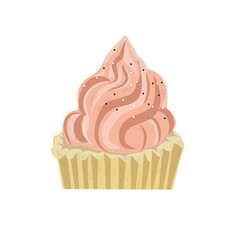 Illustration of a cupcake with pink whipped cream topping and sprinkles. Perfect for bakery designs, food packaging, children’s party invitations, social media