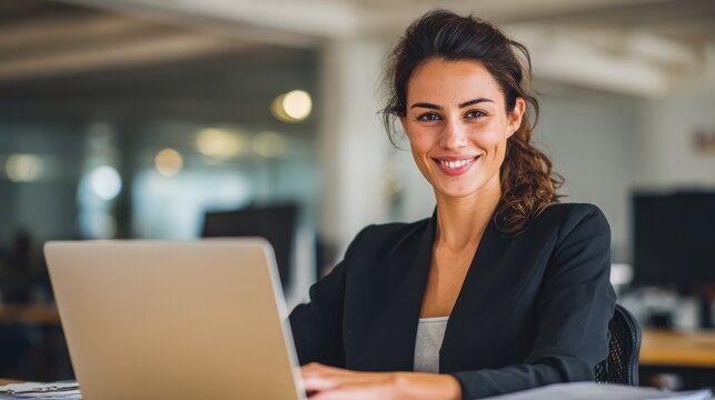 Busy young business woman executive using laptop in office. Smiling Hispanic businesswoman company employee sitting at work desk, professional female hr manager looking at pc computer at workplace