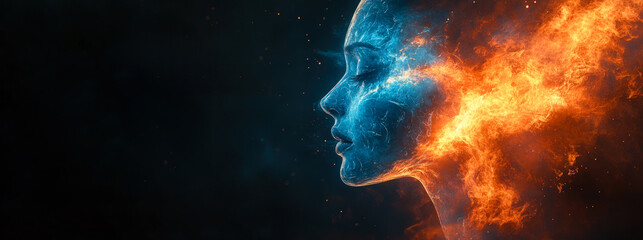 Surreal profile of a woman with a face of ice and hair made of fire, symbolizing duality, emotion, power, and inner conflict.

