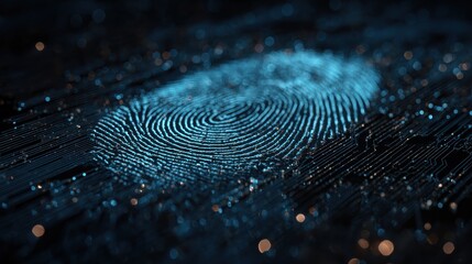 Digital fingerprint scanner, scan biometric identity and access password thru fingerprint, concept of cybersecurity and data protection, security system, generative ai illustration