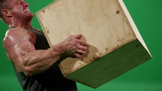 Man lifting heavy box and struggling, solid green screen background
