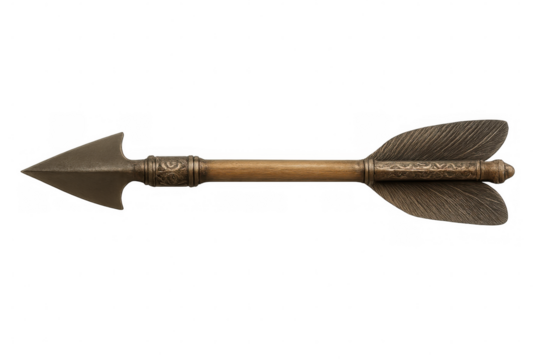 Metal arrow with wooden shaft and decorative elements pointing right isolated on transparent background