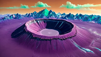 Surreal Landscape of Crater with Vibrant Mountains and Unusual Sky, Fantasy World