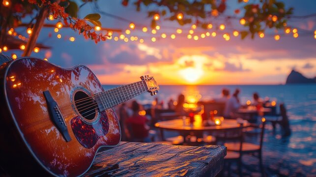 Sunset acoustic guitar beachside - Powered by Adobe