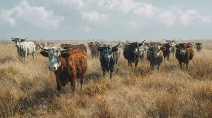 Obraz premium Herd of Cattle Grazing on Dry Grass Field