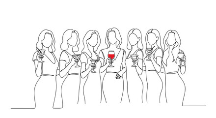 Group of women holding drinks in minimal line art style  