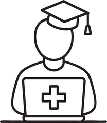 Online Medical Education Student with Graduation Cap Studying Medicine on a Laptop with a Medical Cross Symbol