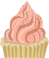 Vector illustration of a cupcake with pink whipped cream topping and sprinkles. Perfect for bakery designs, food packaging, children’s party invitations, and dessert-themed projects.