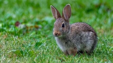 A scared baby rabbit on a meadow in a park. In shock, unsure whether to flee. Very common in Frankfurt parks. Wet after a rain shower , no logos, no brands