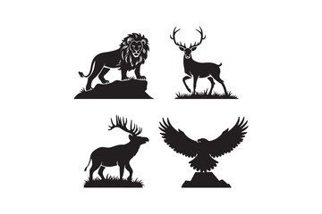 Majestic wildlife silhouettes lion deer moose and eagle on white background