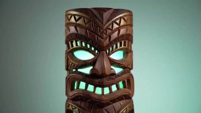 Explore a carved wooden tiki mask sculpture with tribal designs and glowing interior, offering a cultural and decorative element.