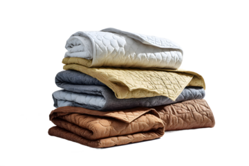Isolated on transparent background, stack of quilted blankets in earthy and muted tones, perfect for home decor, bedding collections, and cozy lifestyle themes.