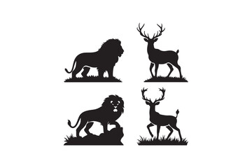 Majestic lion and deer silhouettes in natural poses