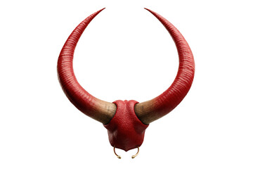 PNG Red bull mask with long curved horns and nose ring on black background