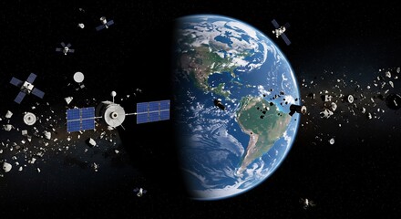 Earth Orbit Cluttered with Space Debris and Satellites, Pollution Concept