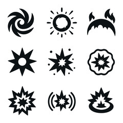 Explosion Icon Set. Solid, filled icons set of energetic explosion patterns: blast swirl, shockwave field,