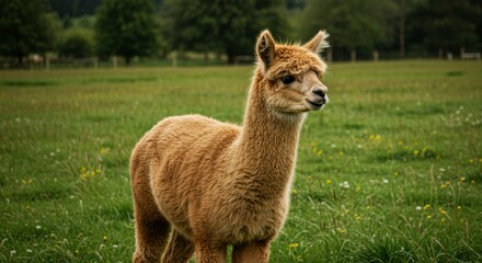 Obraz premium Fluffy alpaca in a grassy field