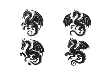Silhouette dragons in dynamic poses on white background