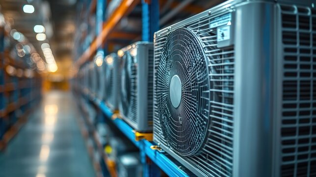 Air conditioners on shelves in warehouse