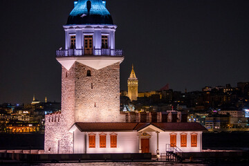 A night view of the famous Maiden's Tower, also known as Leander's Tower, a symbol of Istanbul,...