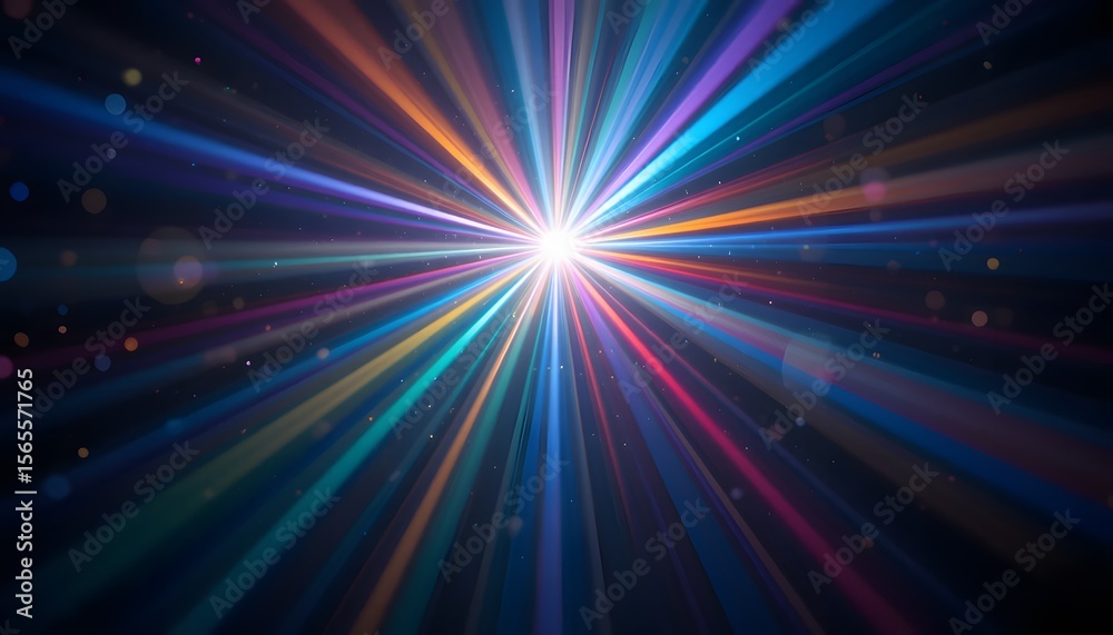 Poster Dynamic Light Reflections On Dark Backdrop. Spectrum Of Colors Radiating From A Bright Source. Rainbow Hues Blend Seamlessly Creating A Mystical Ethereal Scene With Vibrant Energy And Fluidity.