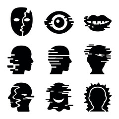 Glitch Art Icons. Solid, filled icons set of glitch art portraits: broken mask, corrupted eye, pixel mouth,