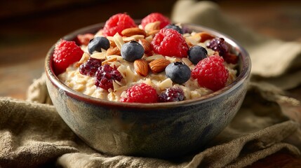 Oatmeal topped with berries and nuts.