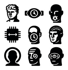 Time Traveler Icons. Solid, filled icons set of time traveler AI: antique face, watch eye, gear jaw, timeline