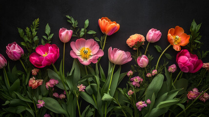 A high-resolution real photo of an artistic floral wallpaper design featuring vibrant peonies and tulips on a dark textured background, intricate patterns and lush foliage