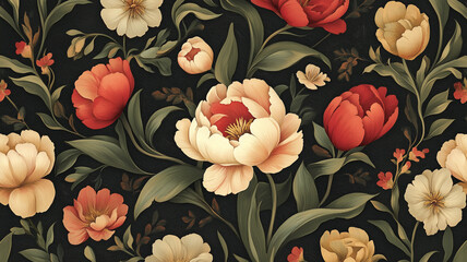 A high-resolution real photo of an artistic floral wallpaper design featuring vibrant peonies and tulips on a dark textured background, intricate patterns and lush foliage