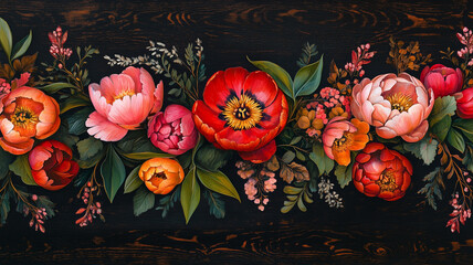 A high-resolution real photo of an artistic floral wallpaper design featuring vibrant peonies and tulips on a dark textured background, intricate patterns and lush foliage