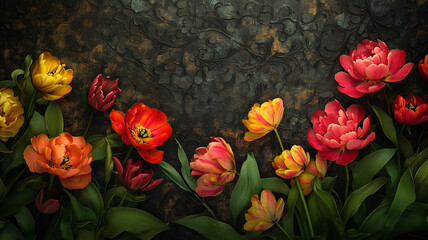 A high-resolution real photo of an artistic floral wallpaper design featuring vibrant peonies and tulips on a dark textured background, intricate patterns and lush foliage
