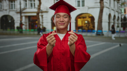 Young man in red graduation robe making heart gesture outdoors on city street.
