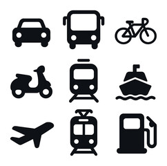 Minimalist Transportation Icons. Solid, filled icons set of minimalist transportation: car, bus, bicycle,