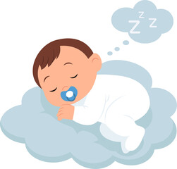 Cute baby sleeping on a cloud isolated.Concept of newborn comfort sleep. Vector illustration 