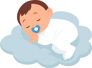 Cute baby sleeping on a cloud isolated.Concept of newborn comfort sleep. Vector illustration 