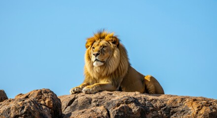 Obraz premium Majestic lion resting on a rocky outcrop against a clear blue sky