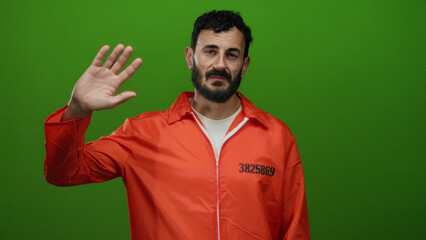 Hispanic man with beard in orange prison jumpsuit stands against green background, raising hand...