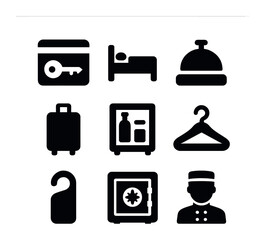 Minimalist Hotel Icons. Solid, filled icons set of minimalist hotel services: keycard, bed, bell, suitcase,