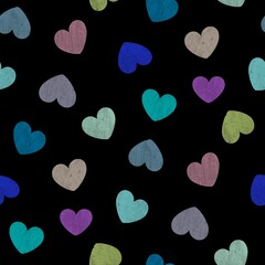 Colorful Grunge Hearts Seamless Pattern on Black