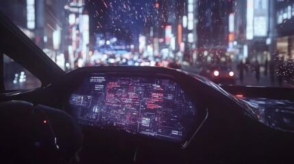 Futuristic dashboard display in a city at night.