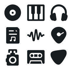 Musical Icon Collection. Solid, filled icons set of musical collage: record disk, piano key, headphone icon,