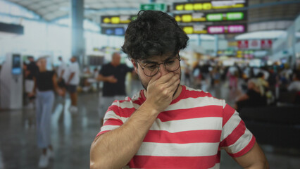 Young man with beard and glasses covering nose due to bad smell at crowded airport indoors,...