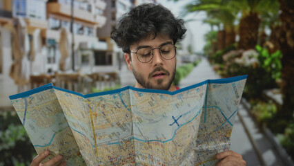 Young man with beard reading map outdoors in urban street setting with palm trees, illustrating...