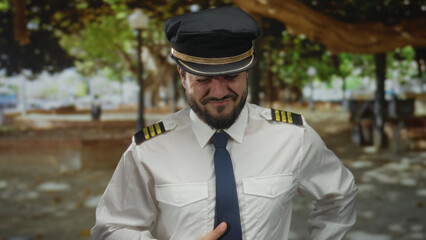 Young hispanic man in pilot uniform clutches his stomach in discomfort under sunlit park trees,...